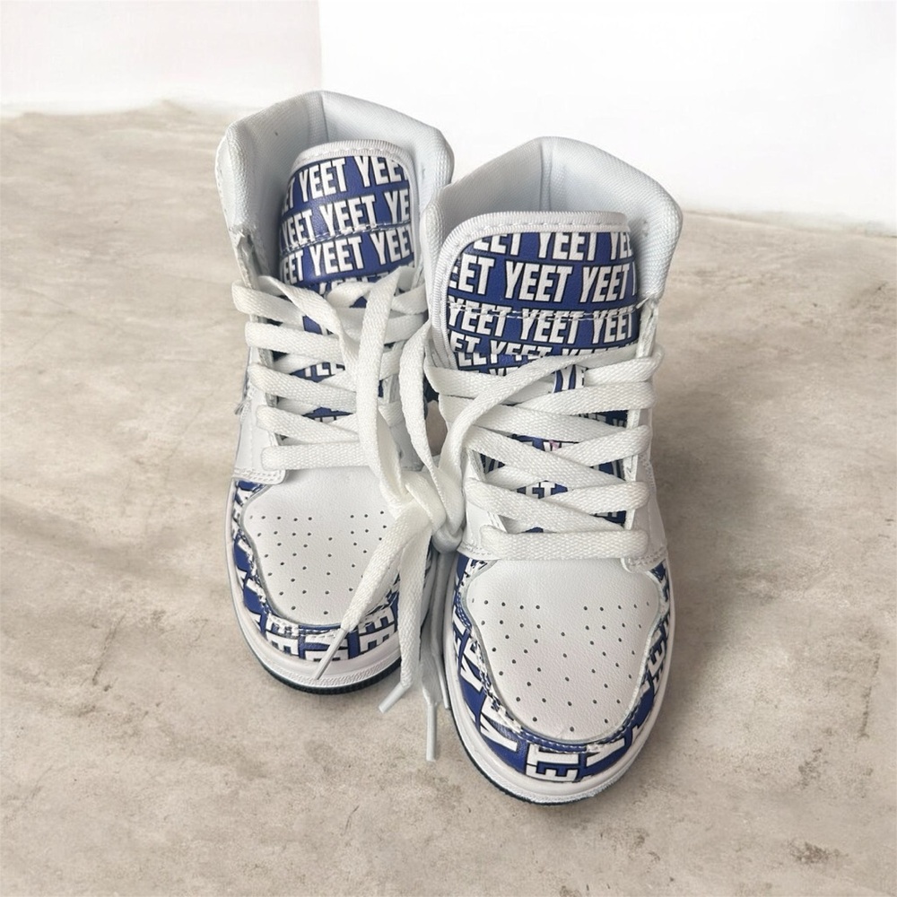 Kids White and Blue 'YEET' High-Top Sneakers